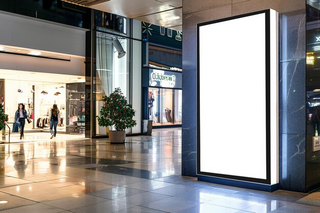 Maqueta de cartel publicitario en blanco dentro del centro comercial Interior del centro comercial