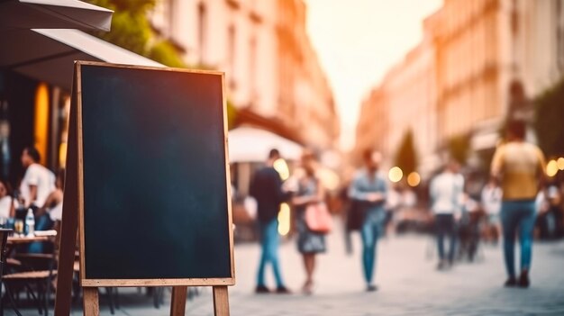 Maqueta de cartel vacío frente a un restaurante Tabla de menú con un café o restaurante en la calle Tecnología Generativa Ai