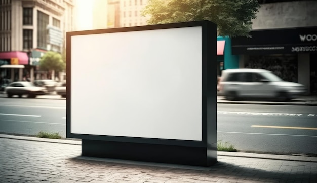 Maqueta de cartelera en blanco para publicidad en la vista del atardecer de la ciudad