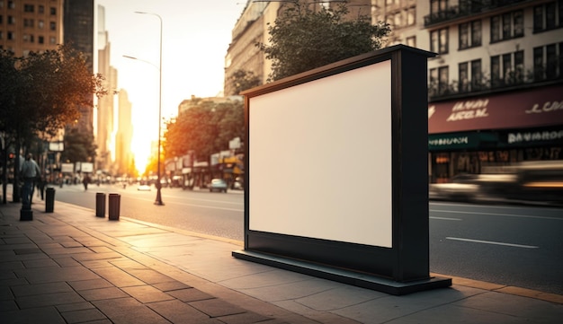 Maqueta de cartelera en blanco para publicidad en la vista del atardecer de la ciudad