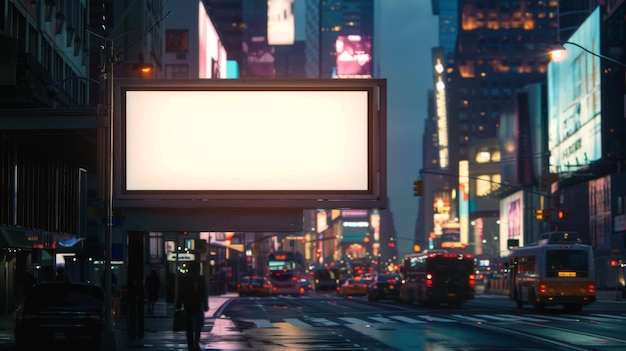 Maqueta de cartelera digital en medio del bullicioso paisaje urbano al crepúsculo