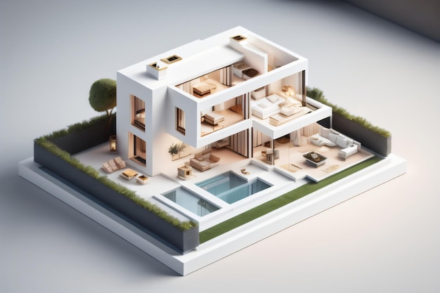 Una maqueta de una casa con piscina y una casa al fondo.
