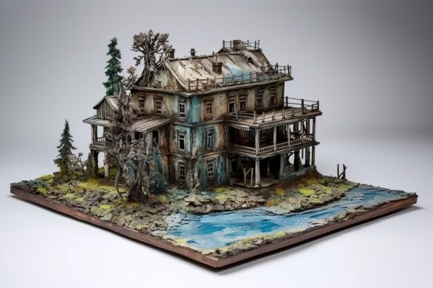 Una maqueta de una casa con un río al fondo.