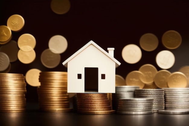 Maqueta de casas en miniatura hechas de madera y monedas de oro símbolo de riqueza IA generativa