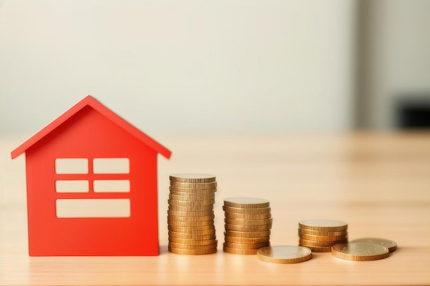 Maqueta de casas en miniatura hechas de madera y monedas de oro símbolo de riqueza IA generativa