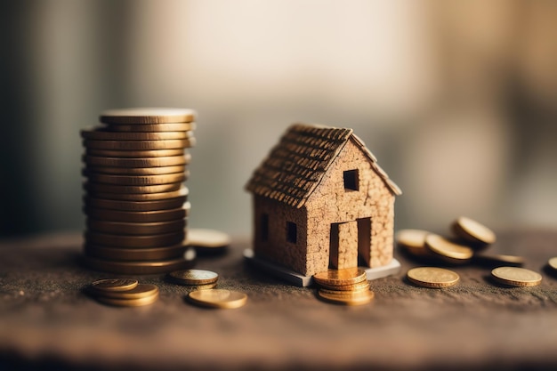 Maqueta de casas en miniatura hechas de madera y monedas de oro símbolo de riqueza IA generativa