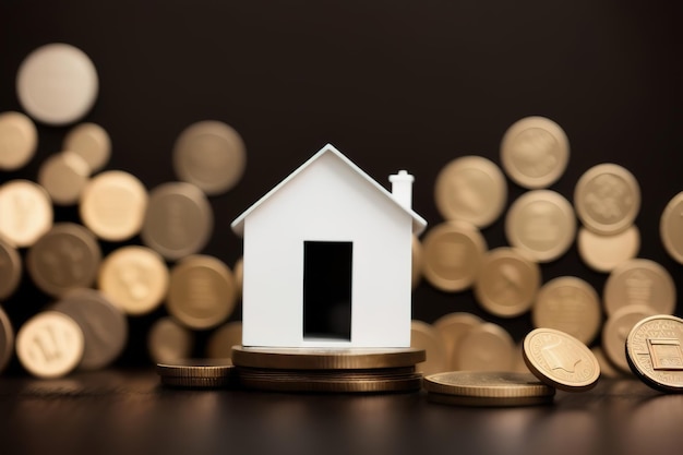 Maqueta de casas en miniatura hechas de madera y monedas de oro símbolo de riqueza IA generativa