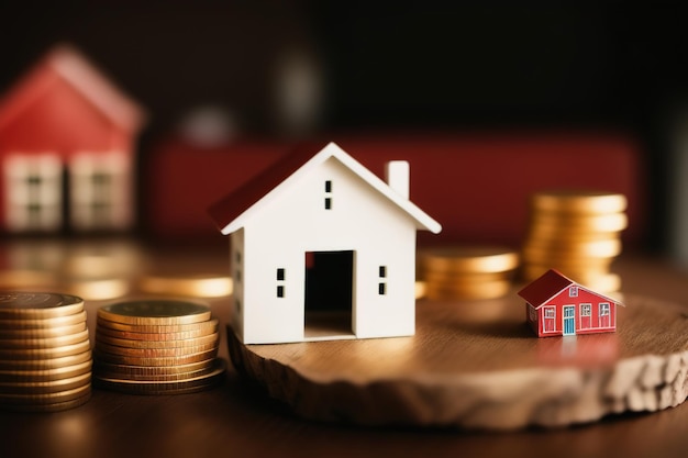 Maqueta de casas en miniatura hechas de madera y monedas de oro símbolo de riqueza IA generativa