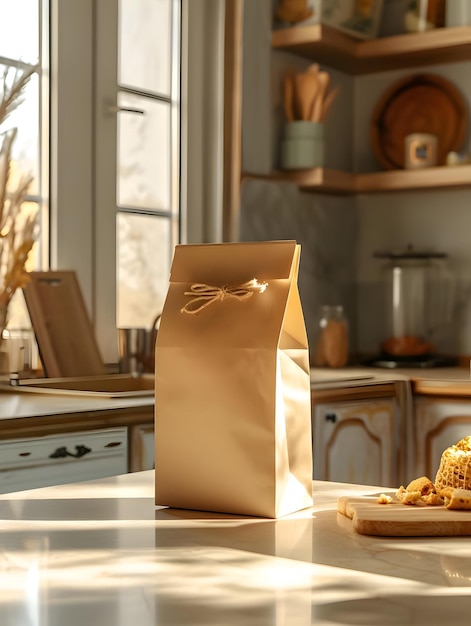 Una maqueta central de embalaje de papel kraft en la mesa de la cocina linda día soleado de alta resolución