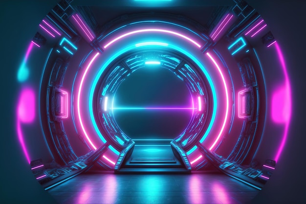 Foto maqueta de círculo de estilo neón en nave espacial holograma moderno azul y rosa iluminado por luces en paneles futuristas renderizado 3d interior