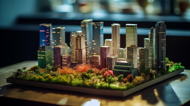 Una maqueta de una ciudad con un paisaje urbano al fondo