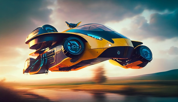 Una maqueta de un coche volador en el aire del futuro Generativo AIxA