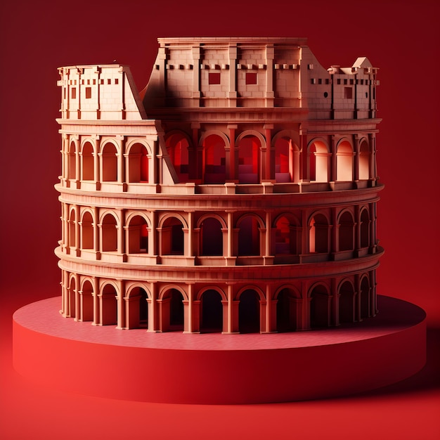 Una maqueta del coliseo está hecha de piedra y tiene un fondo rojo.