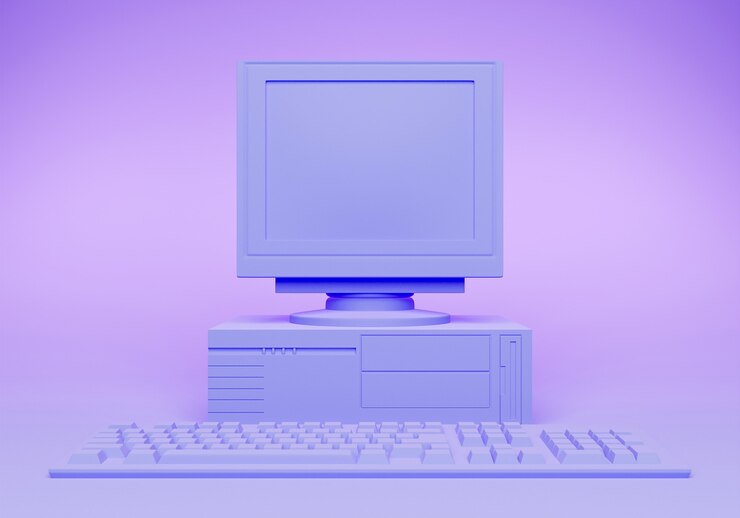 Foto maqueta colorida de computadora vintage con teclado. vista frontal. representación 3d