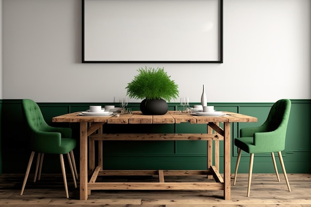 Maqueta de comedor de madera estilo granja con una mesa de madera y asientos verdes en una pared vacía