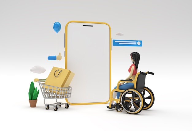 Maqueta de compras en línea móvil de renderizado 3D creativo con banner web de mujer en silla de ruedas, material de marketing, presentación, publicidad en línea.