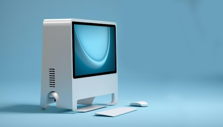 Foto maqueta de computadora creativa aislada sobre fondo azul