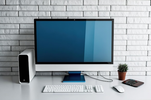 Maqueta de computadora de escritorio en mesa blanca con silla azul Teclado blanco mouse blanco y fondo de pared de ladrillo