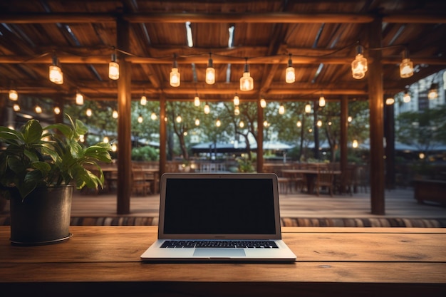 Maqueta de computadora portátil en una acogedora cafetería, la tecnología de trabajo y relajación se combina con la comodidad IA generativa