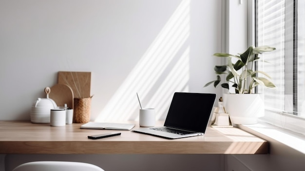 Maqueta de computadora portátil y decoración en una mesa de madera en una oficina moderna y luminosa