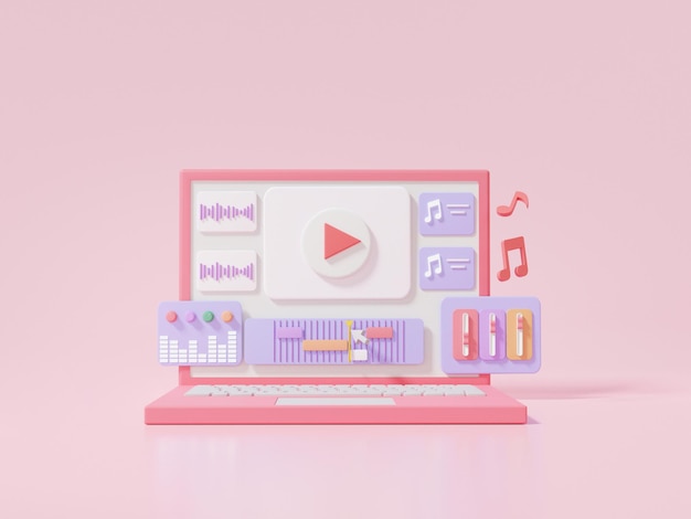 Maqueta de computadora portátil Edición de video de música de sonido y cortes de imágenes a través del monitor de la computadora Dibujos animados Mínimo lindo suave sobre fondo rosa movimiento vlog película 3D render ilustración