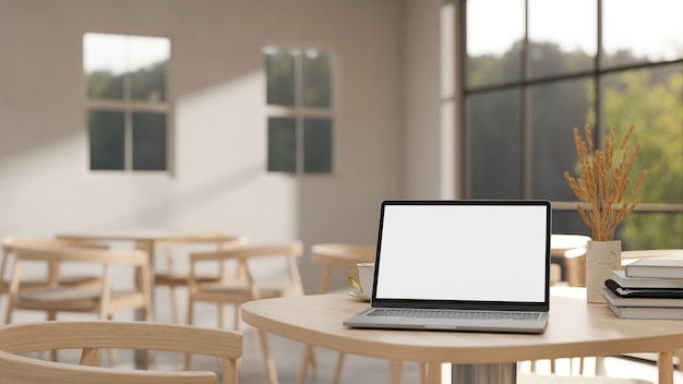 Una maqueta de computadora portátil de pantalla blanca en una mesa de madera en una cómoda cafetería minimalista