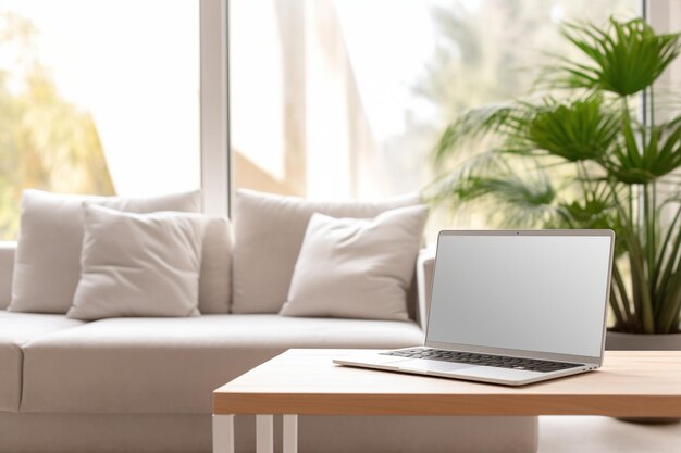 Foto una maqueta de una computadora portátil sobre una mesa con una moderna sala de estar blanca y borrosa