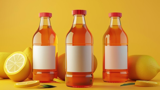 La maqueta consta de tres botellas con tapa roja con etiquetas de marca, una con etiquetas en blanco y otra sin etiquetas.
