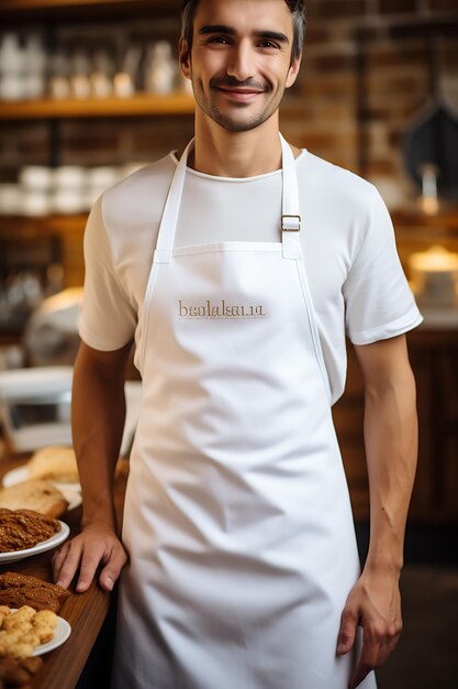 Foto maqueta creativa de un delantal de chef blanco en blanco limpio en un diseño de colección de uniformes tradicionales ba