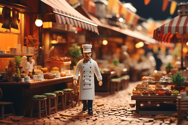 Maqueta creativa de una escena callejera del delantal del chef que muestra la fusión del diseño de la colección de uniformes