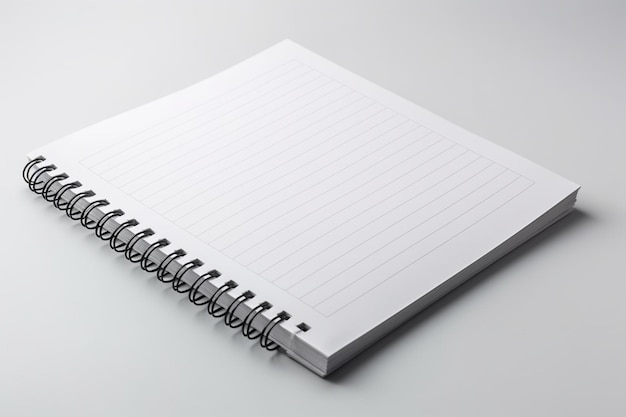 Maqueta de cuaderno espiral en blanco sobre fondo blanco.