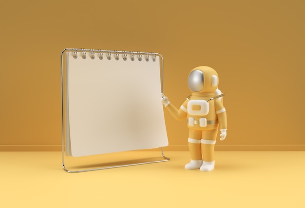 Maqueta de cuaderno de renderizado 3D con astronauta apuntando con el dedo para diseño y publicidad,