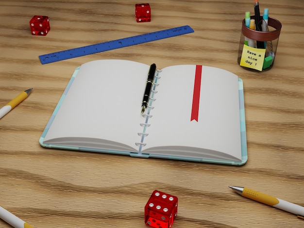 Maqueta de diario con bolígrafo y otros elementos renderizado 3d