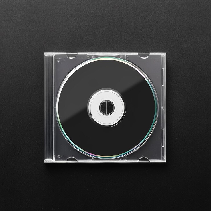 Maqueta de disco transparente aislado con fondo negro plantilla de caja de portada limpia