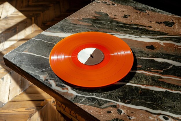 Maqueta de disco de vinilo retro naranja en el interior