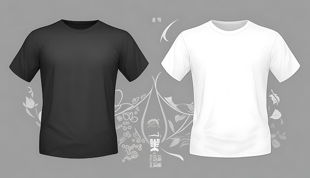 Foto maqueta de diseño de camiseta en blanco y negro y fondo blanco gris y maqueta de camiseta en blanco y negro