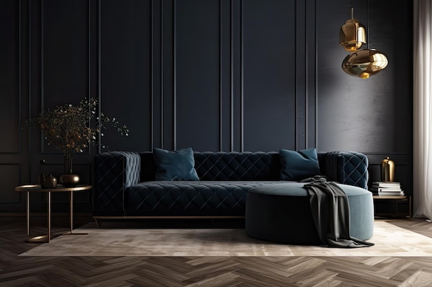 Una maqueta de diseño de interiores de lujo de sala de estar contemporánea con un sofá azul oscuro, una alfombra decorativa, una lámpara de pie y muebles elegantes, así como una maqueta de una pared gris vacía en el interior de las habitaciones