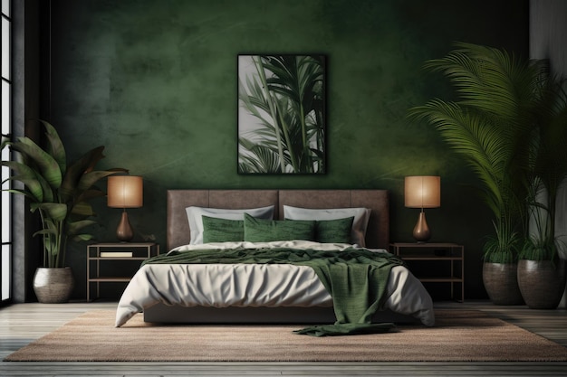 En esta maqueta de diseño de interiores se ve un dormitorio verde oscuro con una palmera en maceta