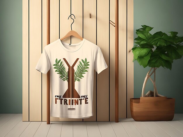 Maqueta de diseño de moda de camiseta gráfica con foto gratis presentada en una percha de madera