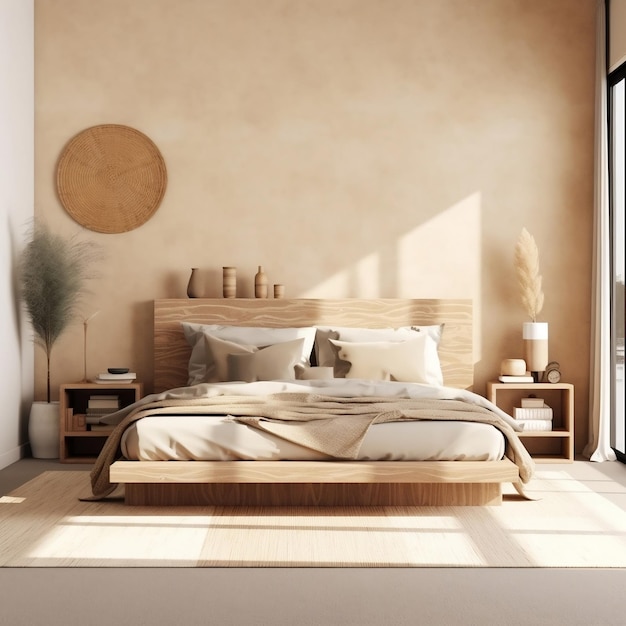 Maqueta de dormitorio con muebles de madera natural con esquema de color beige IA generativa