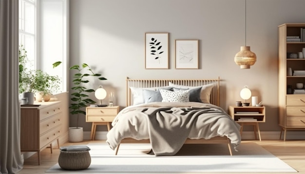 maqueta de dormitorio con muebles de madera natural y un esquema de color beige.
