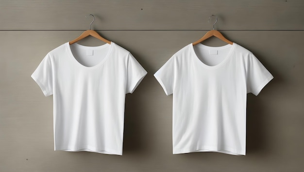 Maqueta de Dos Camisetas Blancas con Cuello Redondo sobre Perchas de Madera