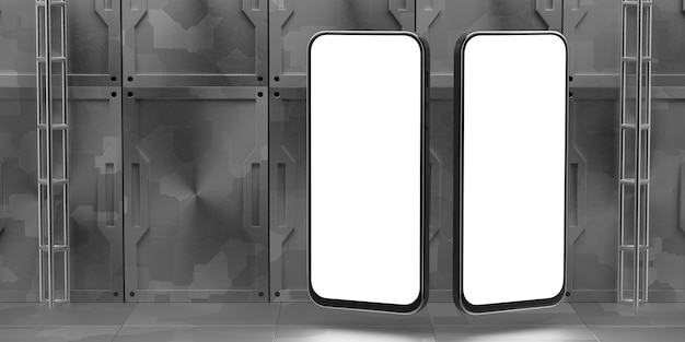 Maqueta de dos teléfonos inteligentes sobre un fondo tecnológico gris Pantalla de teléfono blanca para su diseño 3d renderizado