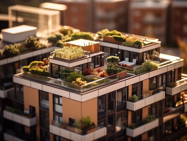 Maqueta de un edificio con jardín en la azotea y plantas