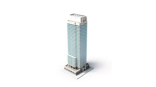 Una maqueta de un edificio con techo azul y fondo blanco.