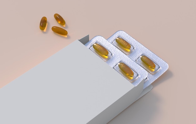 Foto maqueta editable de cápsulas de oro omega 3 de aceite de pescado en dos blister renderizado 3d