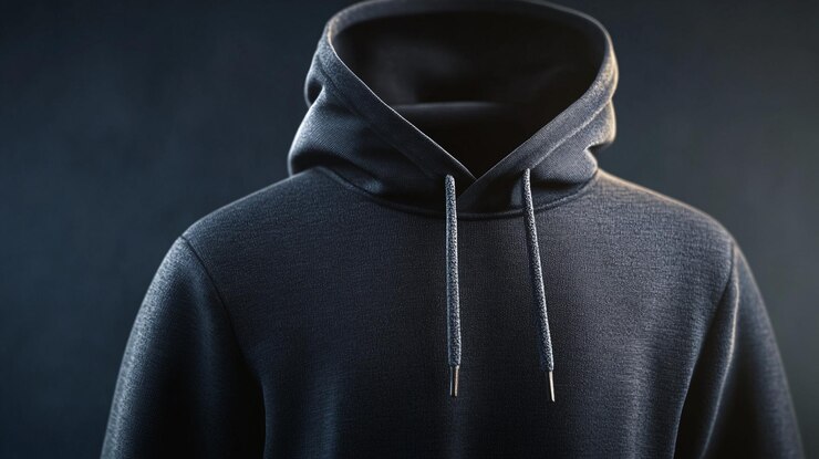 Maqueta de una elegante sudadera con capucha contra un telón de fondo oscuro con textura y detalles sutiles