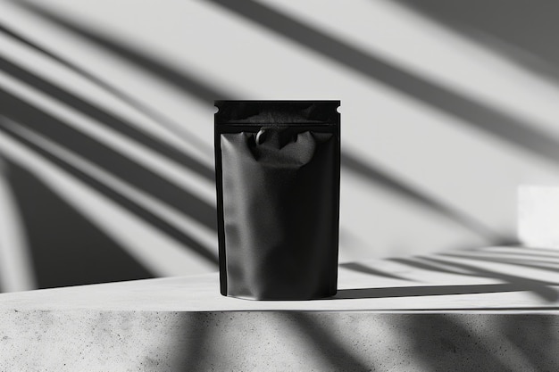 Una maqueta de embalaje en blanco de un producto alimenticio o cosmético negro en un fondo de hormigón industrial