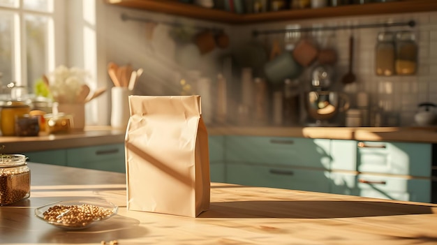 Una maqueta de embalaje de papel kraft en la mesa de la cocina en un día soleado de alta resolución