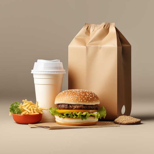 Maqueta de empaque para comida rápida, hamburguesa para llevar, con refresco y papas fritas